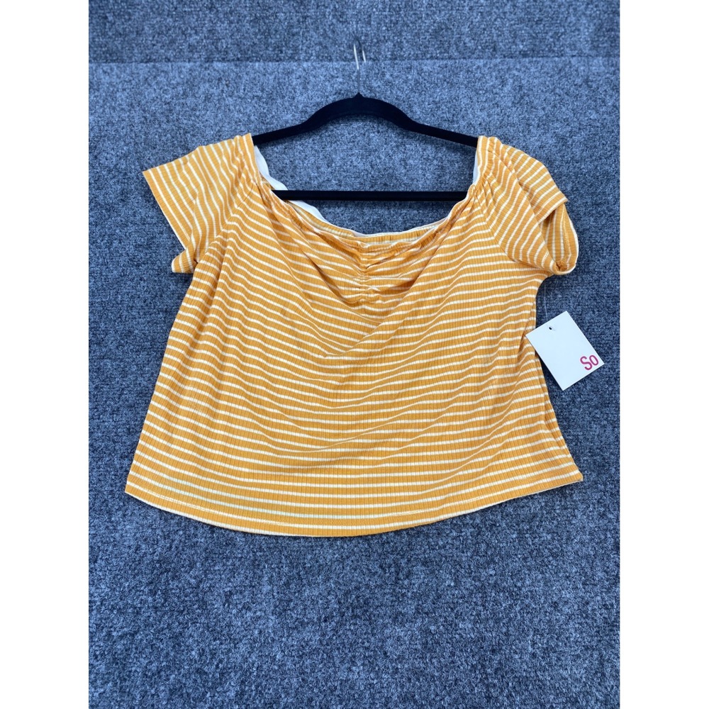 SO Off The Shoulder Cinched Front Tee Womens Large Gold Stripe Ribbed Crop Top